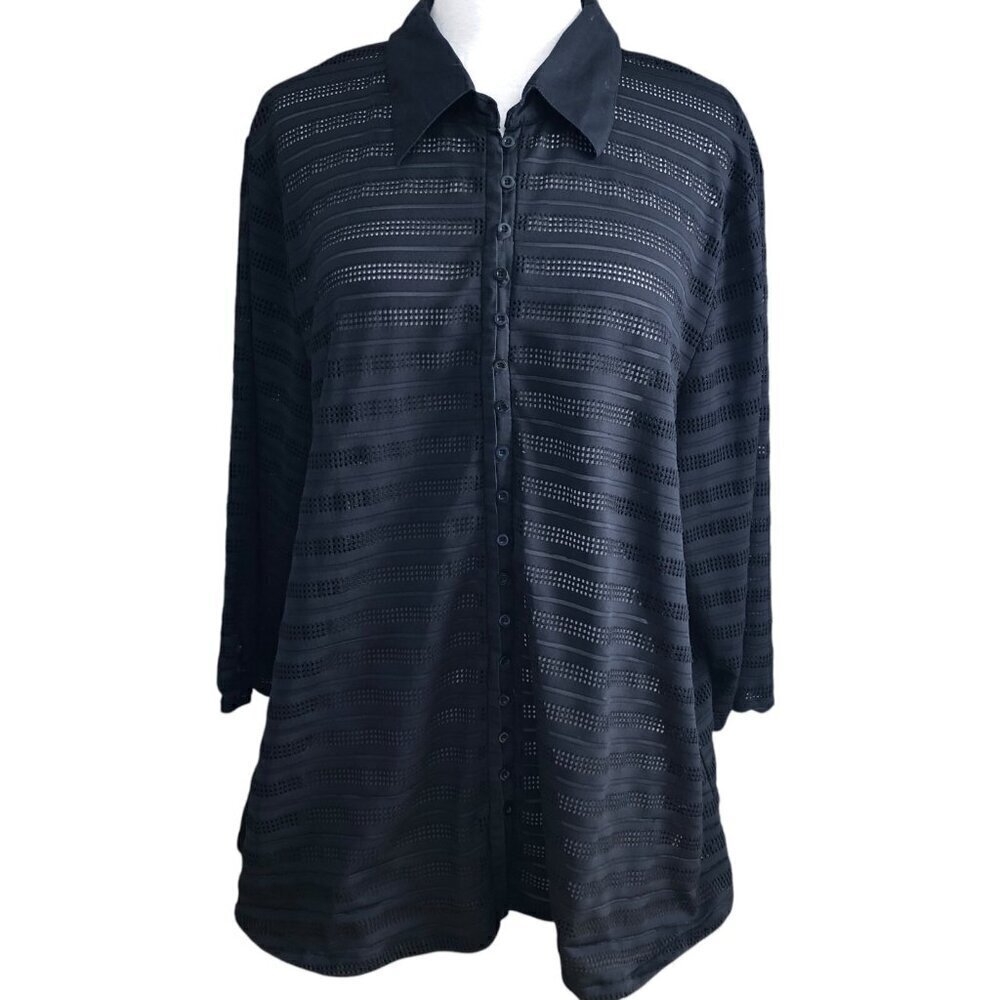 Avenue Stretch Blouse Women's size 22 - 24 Black Sheer 3/4 Sleeve Lightweight